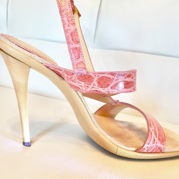 Exotic Leather Coral Pink Strappy Casadei Heels - Picture 4 of 8